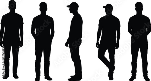 Silhouettes of young men in casual clothing, various standing poses, modern male characters, stylish posture design, flat vector illustration, black outline, profile figures