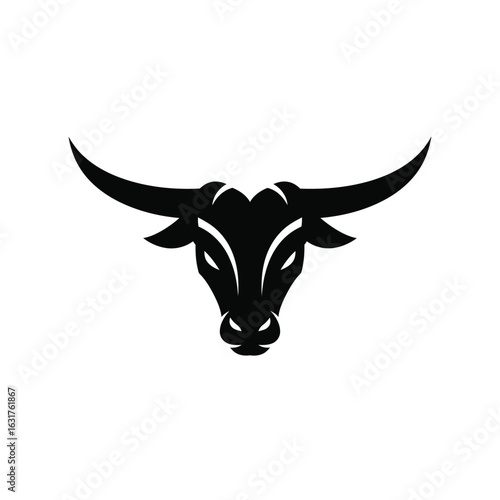 Powerful silhouette of a bull s head with large horns facing forward on a clean white background representing strength and determination