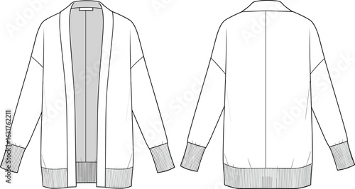 Open front cardigan with ribbed cuffs and hem, long sleeves, relaxed fit, fashion flat sketch, technical CAD vector illustration, front and back garment drawing template