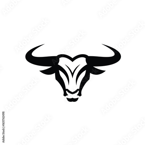 Powerful silhouette of a bull s head with large horns facing forward on a clean white background representing strength and determination