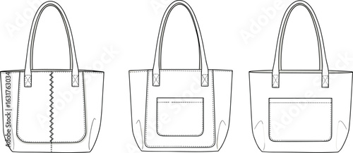 Tote bag flat sketch vector, CAD drawing, technical fashion template, front view handbag design, women accessory illustration, stylish carry bag mockup