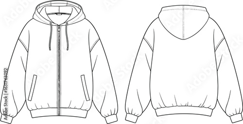 Zip-up hoodie flat sketch front and back view, vector fashion CAD drawing, hooded sweatshirt with pockets, casual outerwear template