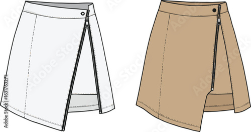 A-line mini skirt with side zipper front slit design, fashion flat sketch, technical apparel cad drawing flat vector illustration for women’s wear design