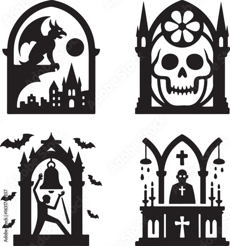 Gothic, cathedral, icon, set, horror, fantasy, silhouette, vector, black, isolated, illustration, design, haunted, church, monster, vampire, spooky