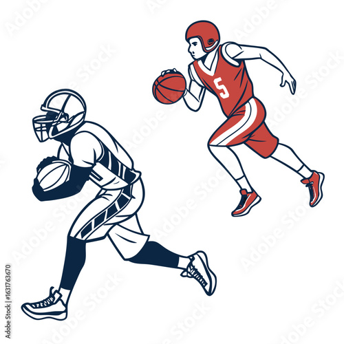 American football and basketball players running isolated on white background