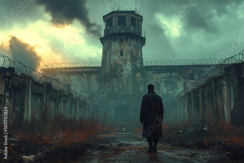 Isolated prisoner standing near a GULAG barrack in a desolate camp