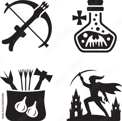 Vampire, hunter, icon, set, monster, slayer, silhouette, vector, black, isolated, illustration, design, horror, weapon, fantasy, medieval