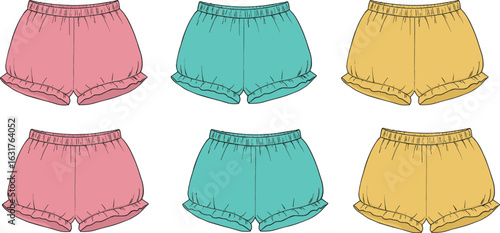 Trendy women’s ruffle shorts in pink, teal, yellow color set, CAD fashion flat vector illustration, stylish summer clothing, front back technical drawing