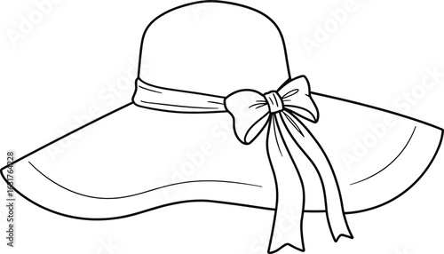 Women’s sun hat, wide brim hat, fashion bow detail, summer accessory, CAD technical sketch, flat vector drawing, elegant headwear, stylish fashion outline
