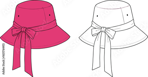 Wide brim ribbon hat, women’s summer hat, CAD fashion sketch, vector flat illustration, front and back view, accessory design, stylish headwear drawing 