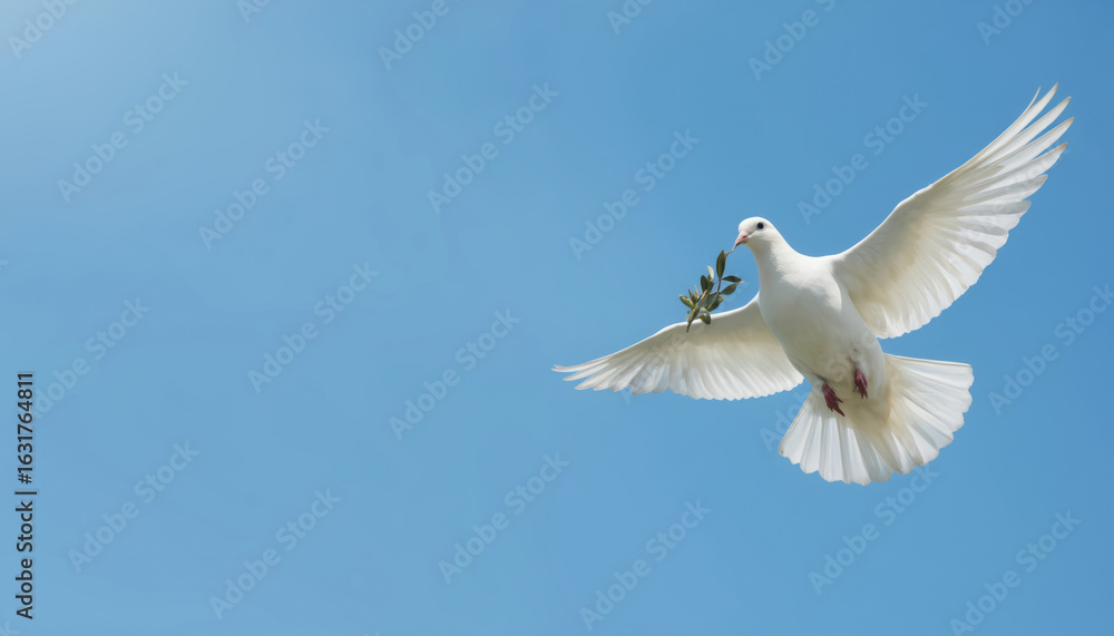 Fototapeta premium White dove with olive branch flies in clear blue sky. Bird symbol of peace, purity, freedom. Graceful flight, soft feathers, serene spirit. Hope, calm, gentle movement. Uplifting, optimistic,