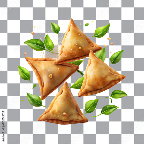 Fresh tasty samosa with leaves falling isolated on a transparent background