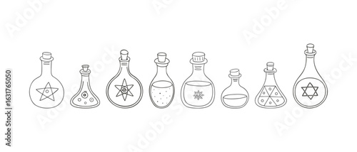  Set of flasks with mystical sign, outline drawing, magic bottles, poison, witchcraft, chemistry, alchemy, potion making.