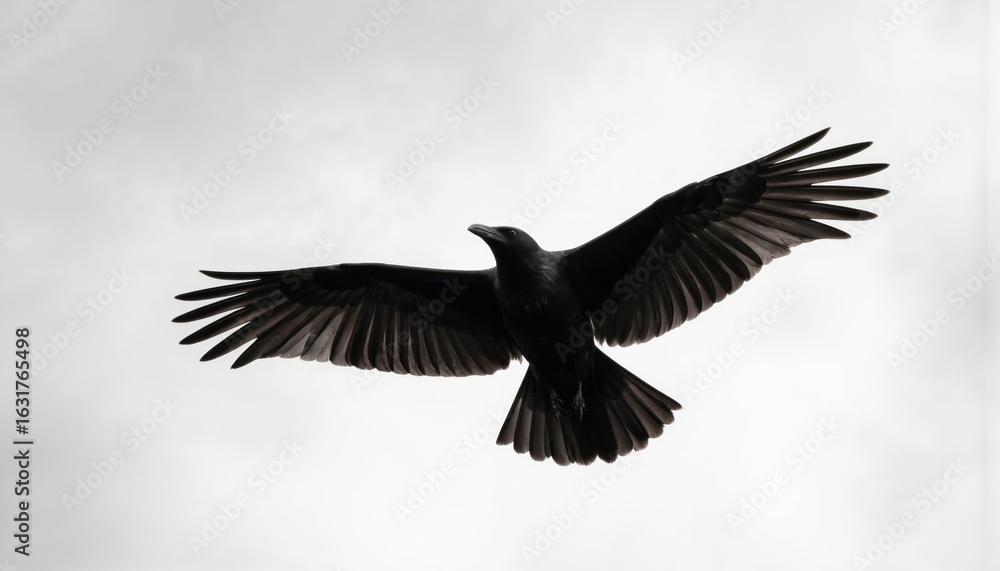 Black crow in mid flight, wings spread wide against light sky. Detailed feathers visible. Symbol of mystery, freedom, nature power. Ideal for concepts related to wildlife, ornithology, symbolic Black crow in mid flight, wings spread wide against light sky. Detailed feathers visible. Symbol of mystery, freedom, nature power. Ideal for concepts related to wildlife, ornithology, symbolic
