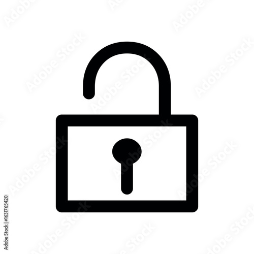 Simple black outline drawing of an unlocked padlock with the shackle open and keyhole visible