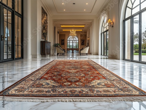 Elegant Estate Hallway with Ornate Persian Rug and Marble Floors, Showcasing Luxury Interior Design and Architectural Grandeur