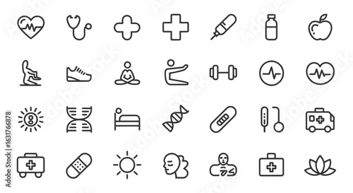 Medical health and wellness icons heart stethoscope