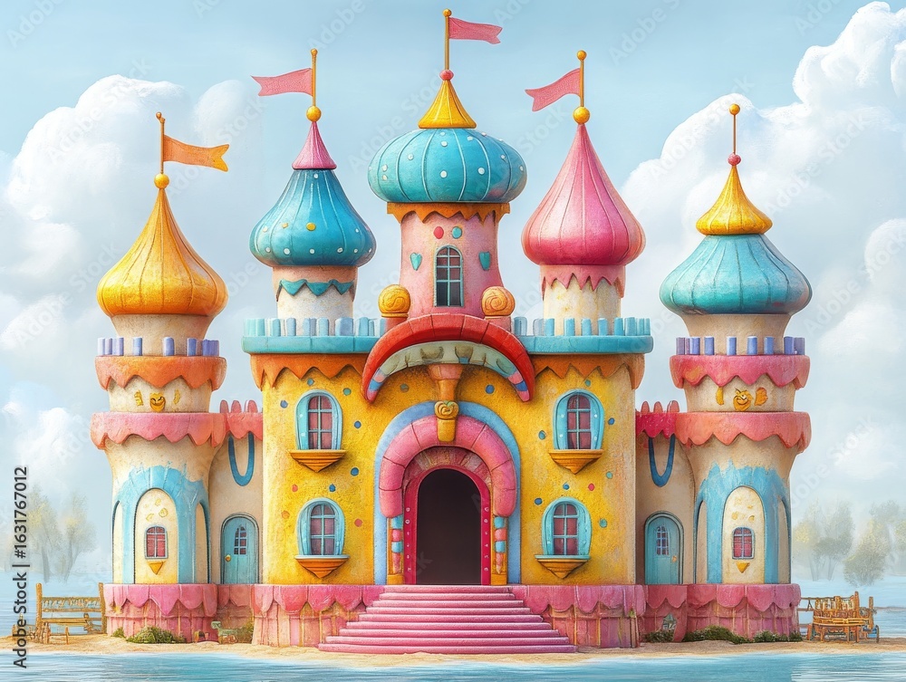 Fototapeta premium Enchanting Candy Castle by the Sea: A Whimsical Fantasy Landscape with Playful Architecture and Dreamy Pastel Colors Inviting Imagination and Joy