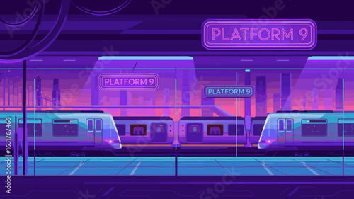 Purple cyberpunk train platform with glass floor and neon signs – Suitable for concept art, digital cityscapes, or high-tech visual themes