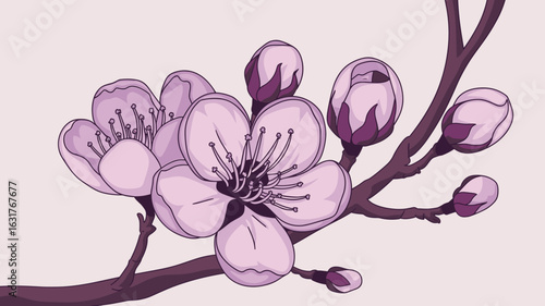 Plum blossom with closed buds and five pink petals against empty background