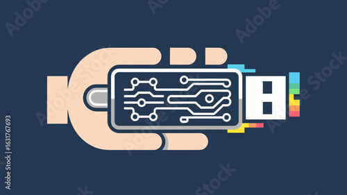 Glitching USB stick held by hand with visible circuits – Suitable for cybersecurity warnings, malware illustrations, or hardware-related threats
