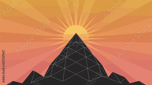 Textured triangle peak with rising sun on warm gradient sky – Suitable for meditation visuals, travel graphics, or art prints