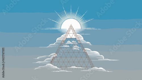 Minimal triangle mountain peak with rising sun and fluffy clouds – Ideal for nature branding, inspirational posters, or outdoor travel content