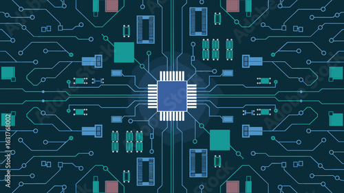 Futuristic circuit board with glowing neon elements and components – ideal for tech branding