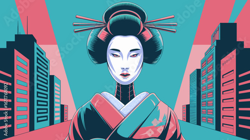 Calm robotic geisha with kimono in futuristic cityscape – Suitable for cyberpunk narratives, character design portfolios, or cultural sci-fi content