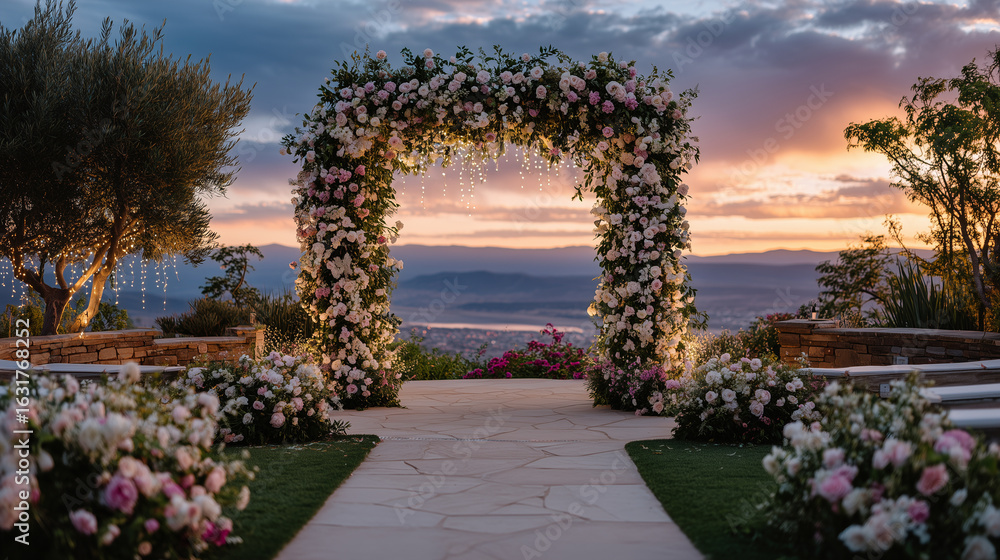 Fototapeta premium Lush wedding arbor decorated with pastel roses, olive branches, and lace mesh flowing to the ground, sunset sky glowing orange and pink behind it, creating a magical atmosphere