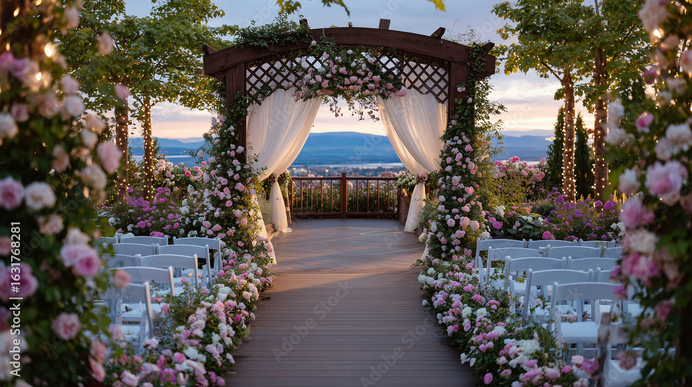 Obraz premium Romantic wedding ceremony arbor adorned with layers of soft pink and ivory roses, ivy vines curling through latticework, backlit by glowing sunset, with sheer net drapes swaying ge