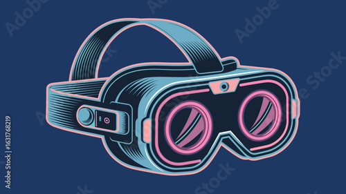 Neon vector of retrofuturistic VR goggles with buttons and camera