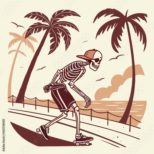 Skeleton rollerblading on a beach boardwalk with palm trees and ocean