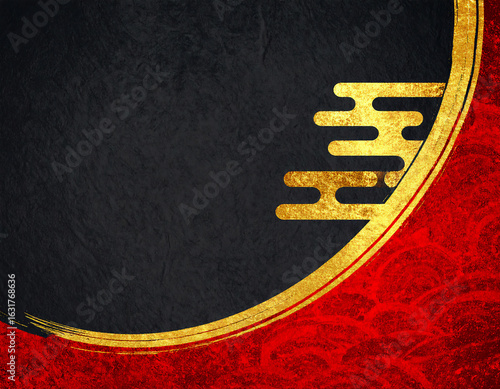 黒い背景の金色と赤の和風アート