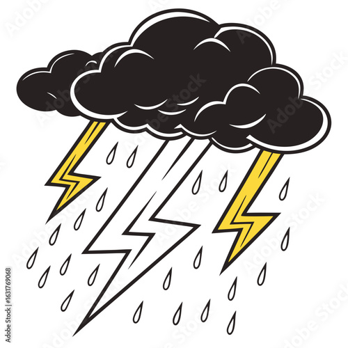 Stylized illustration of a dark storm cloud with lightning and rain