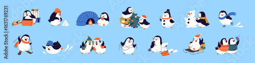 Cute baby penguins at Christmas set. Happy North birds make snowman, skiing, ice skating, ride on sleds, play snow and have fun on winter holidays. Xmas time. Flat isolated vector illustrations