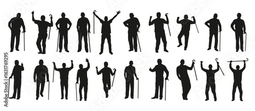 collection of old people holding sticks silhouette illustration