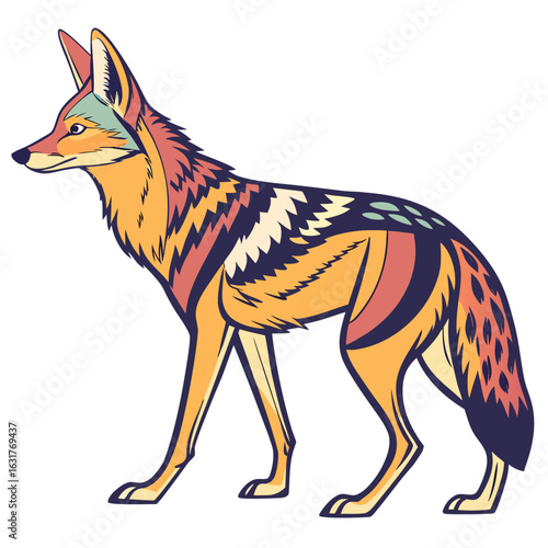 Stylized coyote with colorful geometric patterns isolated on white background