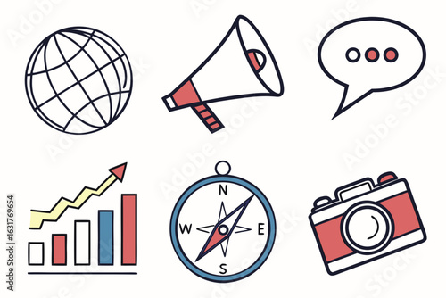 Collection of icons for business, communication, and navigation isolated on white background
