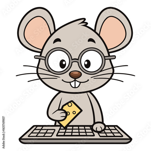 Cute mouse with glasses and cheese at keyboard silhouette vector illustration