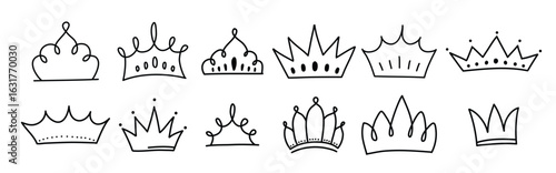 cute doodle set of princess crown elements hand drawn