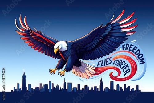 An American eagle flies over new york city in remembrance of 9/11, embodying hope.