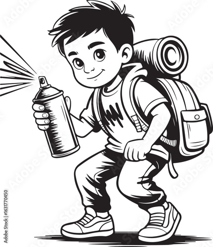 Urban Boy with Backpack Holding Spray Can Black and White Illustration