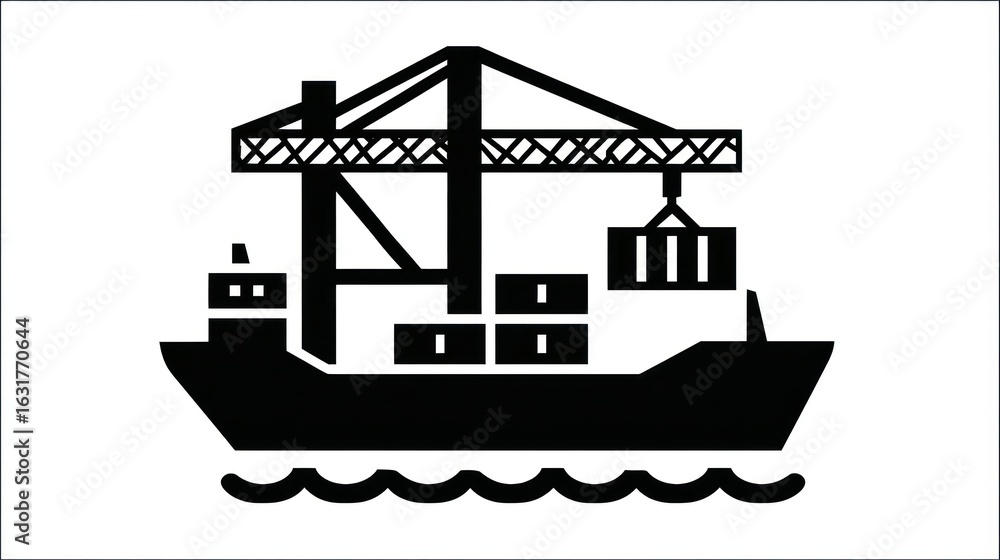 Obraz premium Black and white vector illustration of a cargo ship with containers and crane