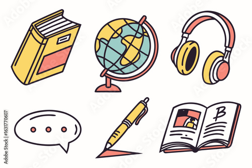 Education and learning symbols including book, globe, headphones, pen isolated on white background