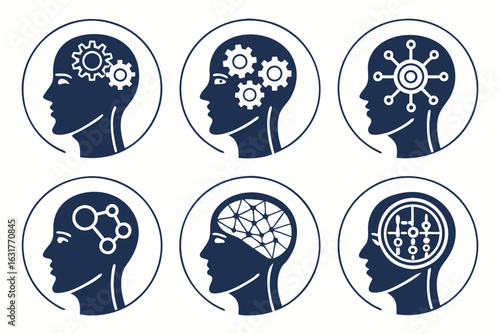 Icons of human head silhouettes with internal digital and neural networks