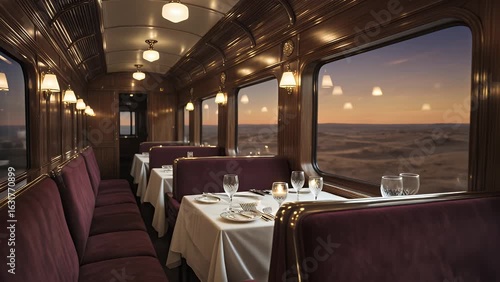 Wallpaper Mural Luxury train dining car with golden hour desert backdrop Torontodigital.ca