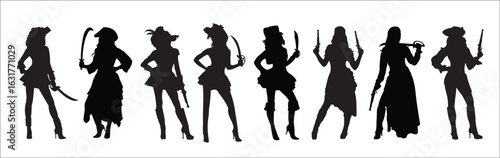  female pirate silhouettes illustration set