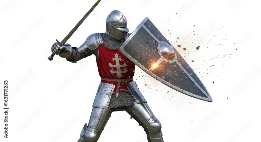 Naklejka premium Medieval knight in full armor with sword and shield ready for battle stance