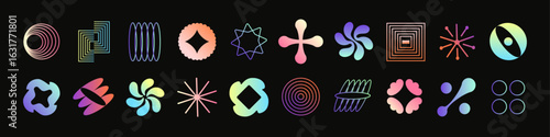 Abstract geometric shapes in gradient style set. Retro Bauhaus icons. Design elements and figures in brutalism. Brutalist art in digital labels, signs and symbols. Flat isolated vector illustrations